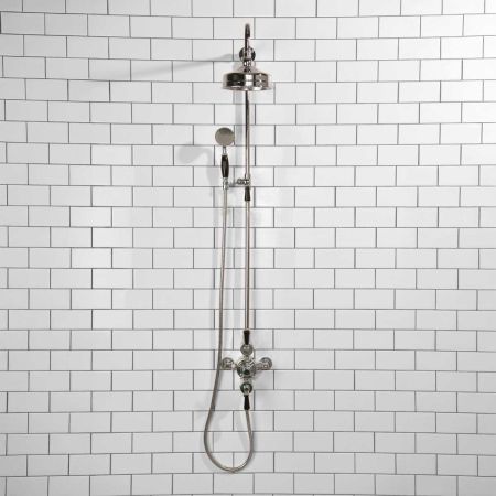 Calder Dual Outlet Shower Kit - Exposed Valve - 6 inch Rose - Black Ceramic Lever - Handshower Mounted on Riser-Rail - Chrome Finish