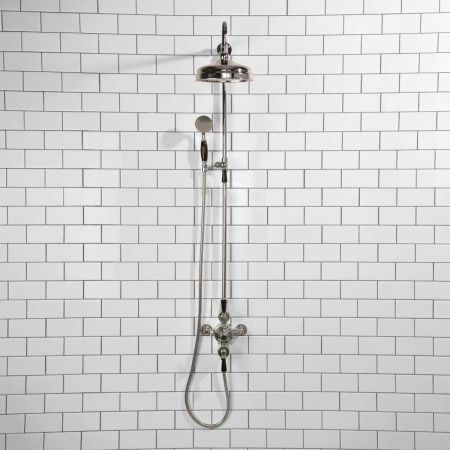 Calder Dual Outlet Shower Kit - Exposed Valve - 8 inch Rose - Black Ceramic Lever - Handshower Mounted on Riser-Rail - Chrome Finish