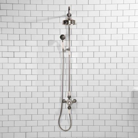 Calder Dual Outlet Shower Kit - Exposed Valve - 6 inch Rose - White Ceramic Lever - Handshower Mounted on Riser-Rail - Chrome Finish