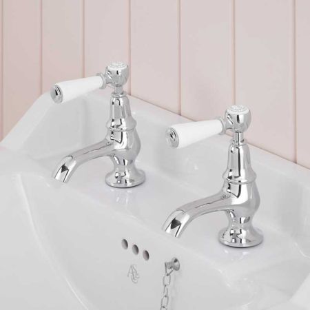 Linton 1/2BSP Basin Pillar Taps White Lever Chrome