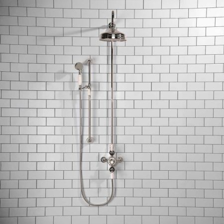 Calder Dual Outlet Shower Kit - Exposed Valve - 8 inch Rose - White Ceramic Lever - Handshower Slider-Rail - Chrome Finish