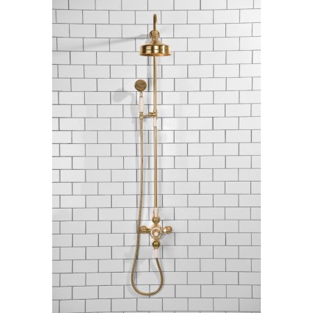 Calder Dual Outlet Shower Kit - Exposed Valve - 6 inch Rose - White Ceramic Lever - Handshower Mounted on Riser-Rail - Polished Brass