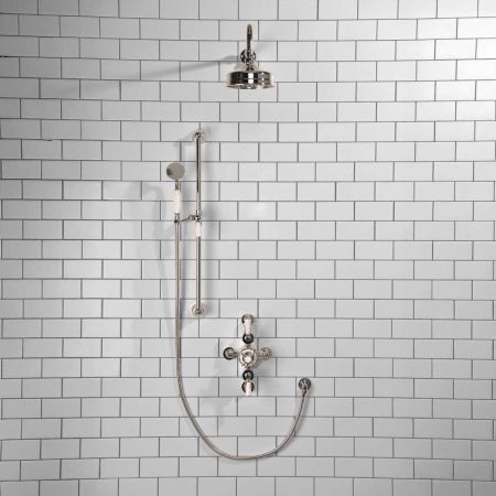 Calder Dual Outlet Shower Kit - Semi-Exposed Valve - 6 inch Rose - White Ceramic Lever - Handshower Slider-Rail - Chrome Finish