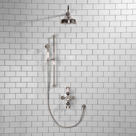 Calder Dual Outlet Shower Kit - Semi-Exposed Valve - 8 inch Rose - White Ceramic Lever - Handshower Slider-Rail - Chrome Finish