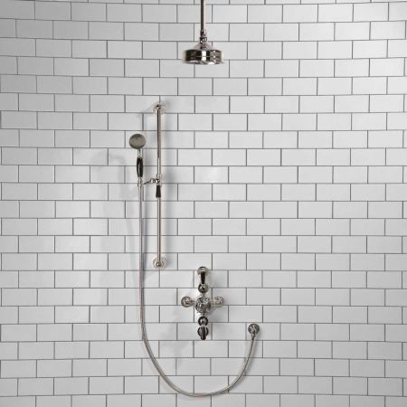 Calder Dual Outlet Shower Kit - Semi-Exposed Valve - 6 inch Rose - Black Ceramic Lever - Handshower Slider-Rail - Ceiling Mounted Rose - Chrome Finish