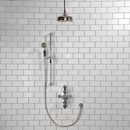 Calder Dual Outlet Shower Kit - Semi-Exposed Valve - 8 inch Rose - Black Ceramic Lever - Handshower Slider-Rail - Ceiling Mounted Rose - Chrome Finish