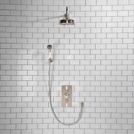 Calder Dual Outlet Shower Kit - Concealed Valve - 8 or 6 inch Rose - White Ceramic Lever - Handshower Hook