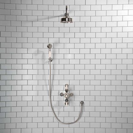 Calder Dual Outlet Shower Kit - Semi-Exposed Valve - 6 inch Rose - White Ceramic Lever - Handshower Hook - Chrome Finish