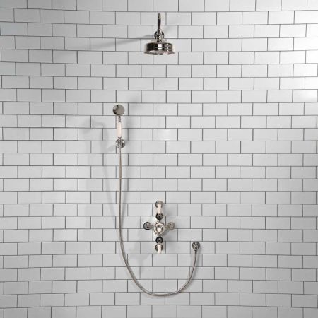 Calder Dual Outlet Shower Kit - Semi-Exposed Valve - 6 inch Rose - White Ceramic Lever - Handshower Hook - Chrome Finish