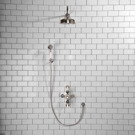 Calder Dual Outlet Shower Kit - Semi-Exposed Valve - 8 inch Rose - White Ceramic Lever - Handshower Hook - Chrome Finish