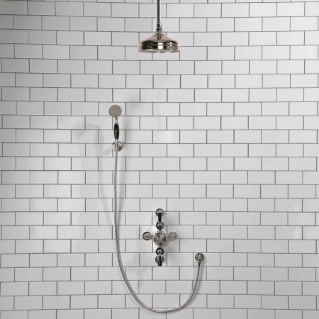 Calder Dual Outlet Shower Kit - Semi-Exposed Valve - 8 inch Rose - Black Ceramic Lever - Handshower Hook - Ceiling Mounted Rose - Chrome Finish