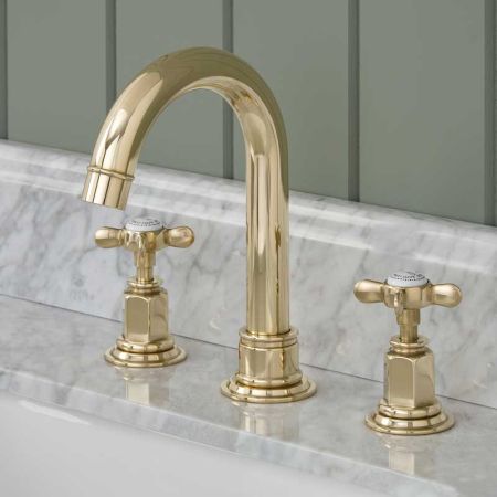 Aysgarth 3 Hole Basin Mixer - Swan Neck Spout - Crosshead - Polished Brass Finish