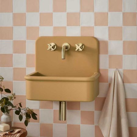 Laszlo Rectangular Concrete Basin With Backsplash - Three Tap Holes - Freestanding - Ochre Yellow