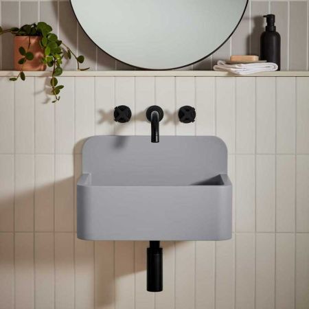 Oskar Rectangular Concrete Basin With Backsplash - Freestanding - Cool Grey