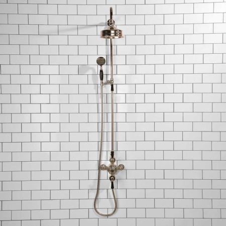 Calder Dual Outlet Shower Kit - Exposed Valve - 6 inch Rose - Black Ceramic Lever - Handshower Mounted on Riser-Rail - Polished Nickel