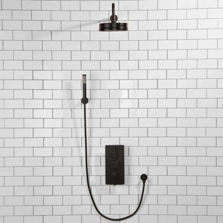 Elbe Dual Outlet Shower Kit - Concealed Valve - Matt Black Lever - Handshower Hook - Matt Black