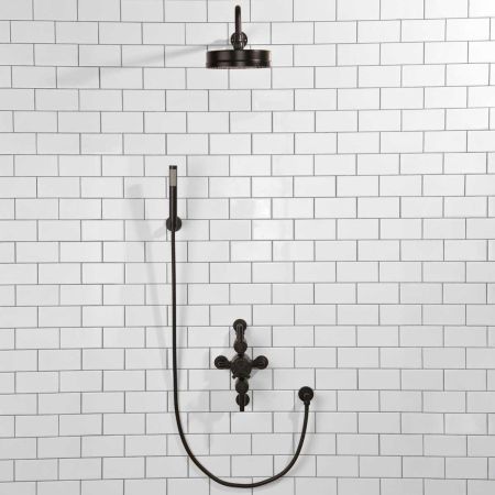 Elbe Dual Outlet Shower Kit - Semi-Exposed Valve - Matt Black Lever - Handshower Hook - Matt Black