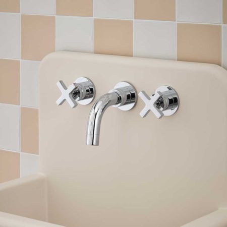 Bayor - 3-Hole Basin Mixer Tap - Backsplash Basin Mounted - Crosshead - Chrome