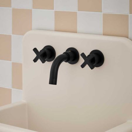Bayor - 3-Hole Basin Mixer Tap - Backsplash Basin Mounted - Crosshead - Matt Black