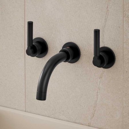 Senska - 3-Hole Basin Mixer - Wall Mounted - Metal Lever - Short Spout - Matt Black