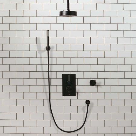 Elbe - Concealed Shower Set + Diverter - Hook Mount - Metal Lever/X-Top - 8" Rose - Ceiling Mounted Rose - Matt Black