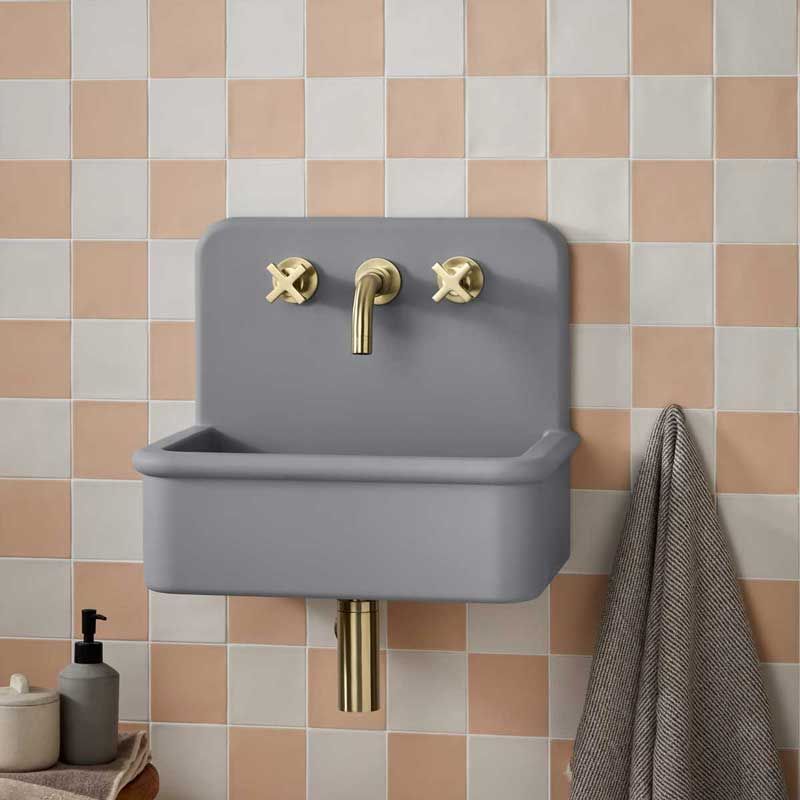 Laszlo Rectangular Concrete Basin With Backsplash - Three Tap Holes - Freestanding - Cool Grey